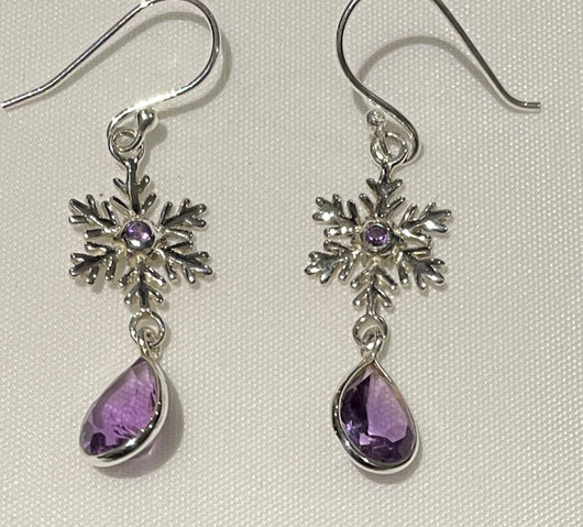 Amethyst snowflake drop earrings