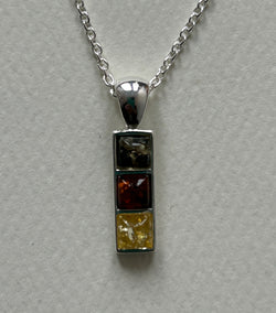 Tri-Coloured Baltic Amber Pendant and Chain.