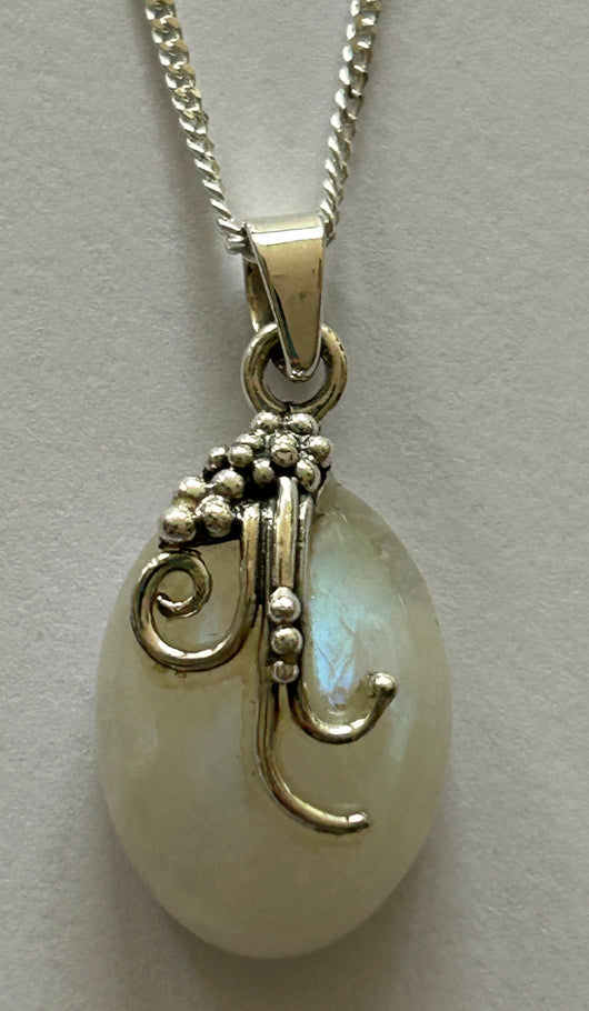 Rainbow Moonstone Pendant with silver detail