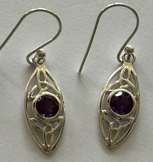 Celtic Design Silver and Amethyst Drop Earrings.