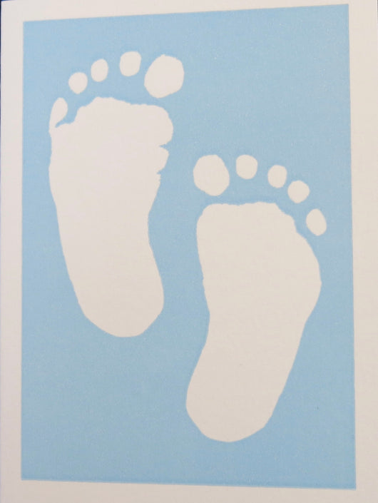 SMALL SINGLE CARD - Letterpress baby footprints on blue